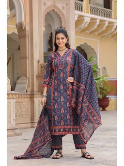 Rain & Rainbow - Blue Women Ethnic Motifs Printed Pleated Pure Cotton Kurta with Trouser & Dupatta