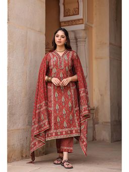 Rain & Rainbow - Maroon Women Ethnic Motifs Printed Pleated Pure Cotton Kurta with Trouser & Dupatta