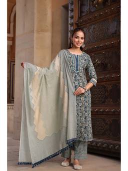 Rain & Rainbow - Blue Women Floral Printed Regular Pure Cotton Kurta with Trouser & Dupatta