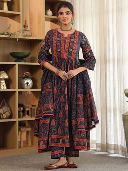 Rain & Rainbow - Navy Blue Women Ethnic Motifs Printed Pleated Pure Cotton Kurta with Trouser & Dupatta