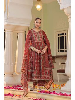 Rain & Rainbow - Maroon Women Ethnic Motifs Printed Pleated Pure Cotton Kurta with Trouser & Dupatta