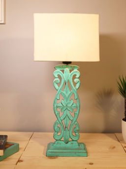 Homesake - Carved Wood Table Lamp Khaki Shade Green