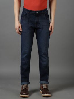 Urbano Fashion - Mens Dark Navy Blue Slim Fit Heavy Washed Jeans Stretch