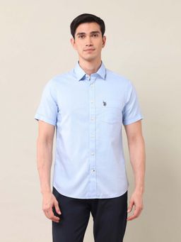 U.S. POLO ASSN. - Solid/Plain Blue Half Sleeves Collar Neck Shirt