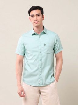 U.S. POLO ASSN. - Solid/Plain Green Half Sleeves Collar Neck Shirt