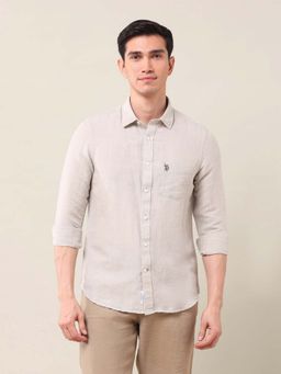 U.S. POLO ASSN. - Solid/Plain Beige Full Sleeves Collar Neck Shirt