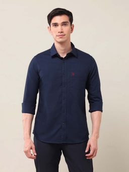 U.S. POLO ASSN. - Solid/Plain Blue Full Sleeves Collar Neck Shirt