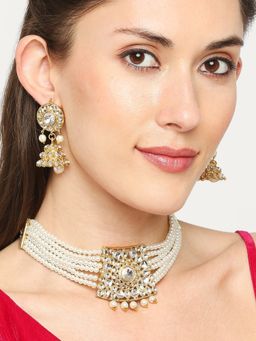 OOMPH - Jewellery White Pearls & Kundan Multi Layer Choker Necklace Set