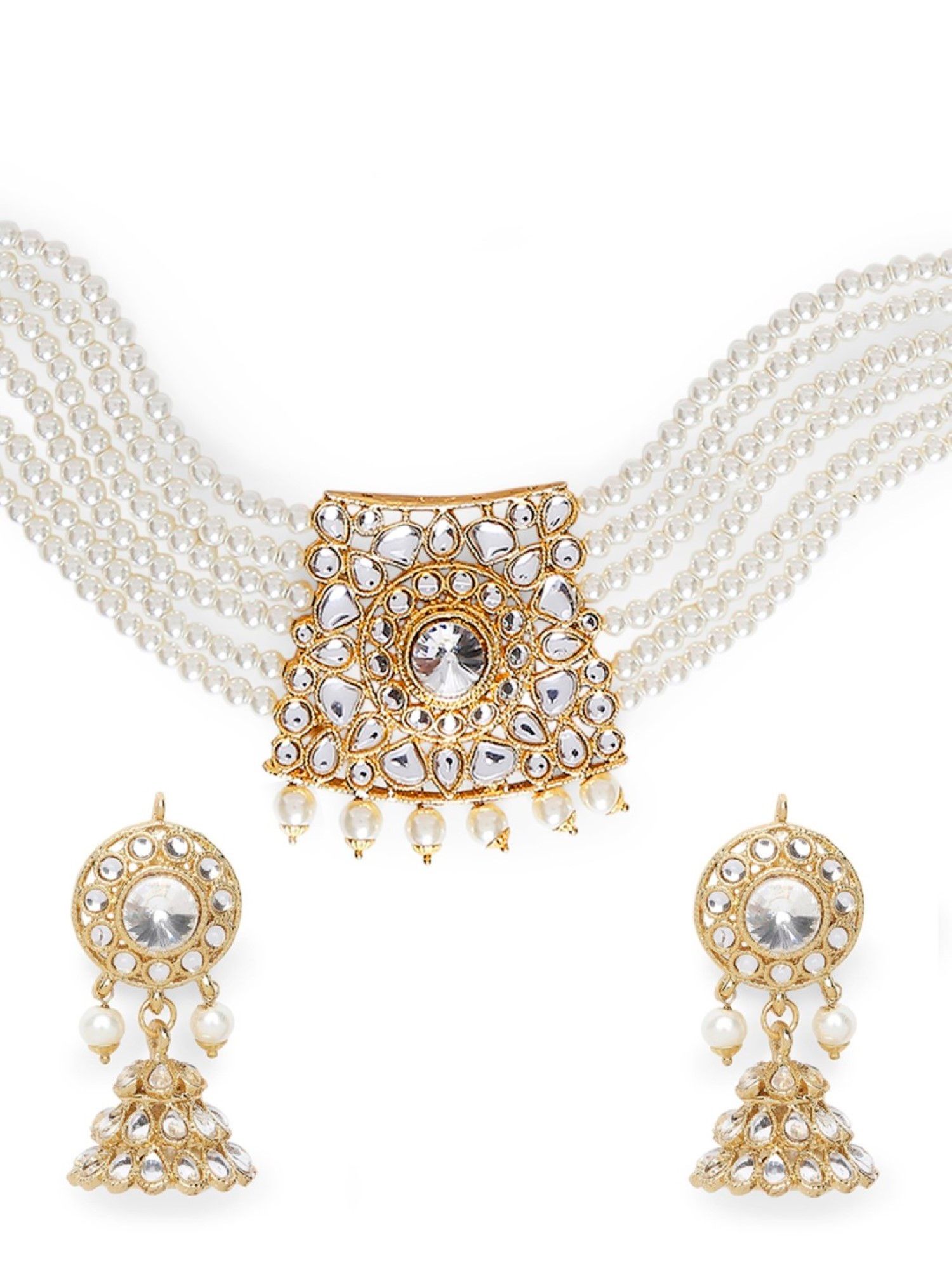 Buy OOMPH Jewellery White Pearls & Kundan Multi Layer Choker
