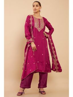 Soch - Wine Silk Embroidered Dress Material with Sequins (Set of 3)