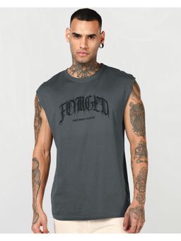 Bewakoof - Men Dark Shadow Grey Forged Typography Boxy Fit Vest