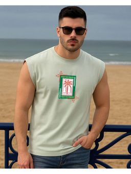 Bewakoof - Men Fog Green Let It Happen Graphic Printed Boxy Fit Vest