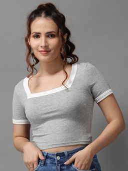SHOWOFFFF - Womens Square Neck Grey Fitted Crop Top