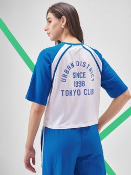 TOKYO TALKIES - Women Blue-White Typography Printed Crop T-shirt