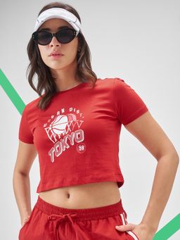TOKYO TALKIES - Women Red Graphic Printed Round Neck Crop T-shirt