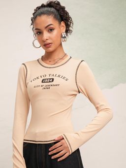 TOKYO TALKIES - Women Beige Typography Printed Slim Fit T-shirt