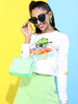 TOKYO TALKIES - Women White Graphic Printed Slim Fit Crop T-shirt