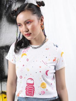 TOKYO TALKIES - Women White Printed Crop T-shirt