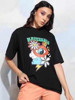 TOKYO TALKIES - Women Black Graphic Printed Round Neck T-shirt