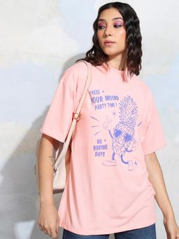 TOKYO TALKIES - Women Pink Graphic Printed Drop Shoulder Oversized T-shirt