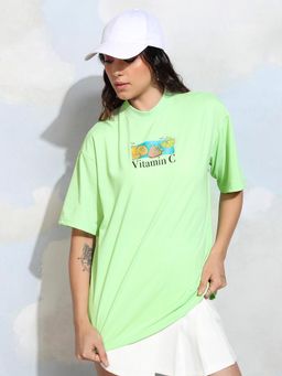 TOKYO TALKIES - Women Lime Green Oversized Graphic Printed Round Neck T-shirt