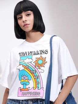 TOKYO TALKIES - Women White Graphic Printed Round Neck Slim Fit T-shirt
