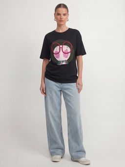 TOKYO TALKIES - Women Black Embroidered-Printed Drop Shoulder T-shirt