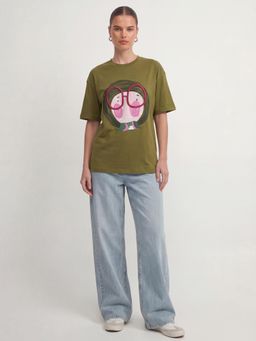TOKYO TALKIES - Women Olive Embroidered-Printed Drop Shoulder T-shirt