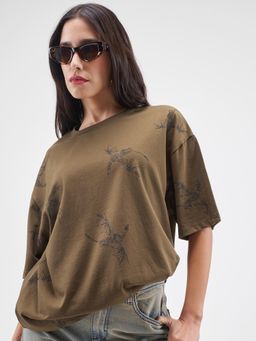 TOKYO TALKIES - Women Brown Oversized Printed Drop-Shoulder Sleeves T-shirt