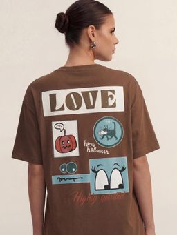 TOKYO TALKIES - Women Brown Oversized Graphic Printed T-shirt