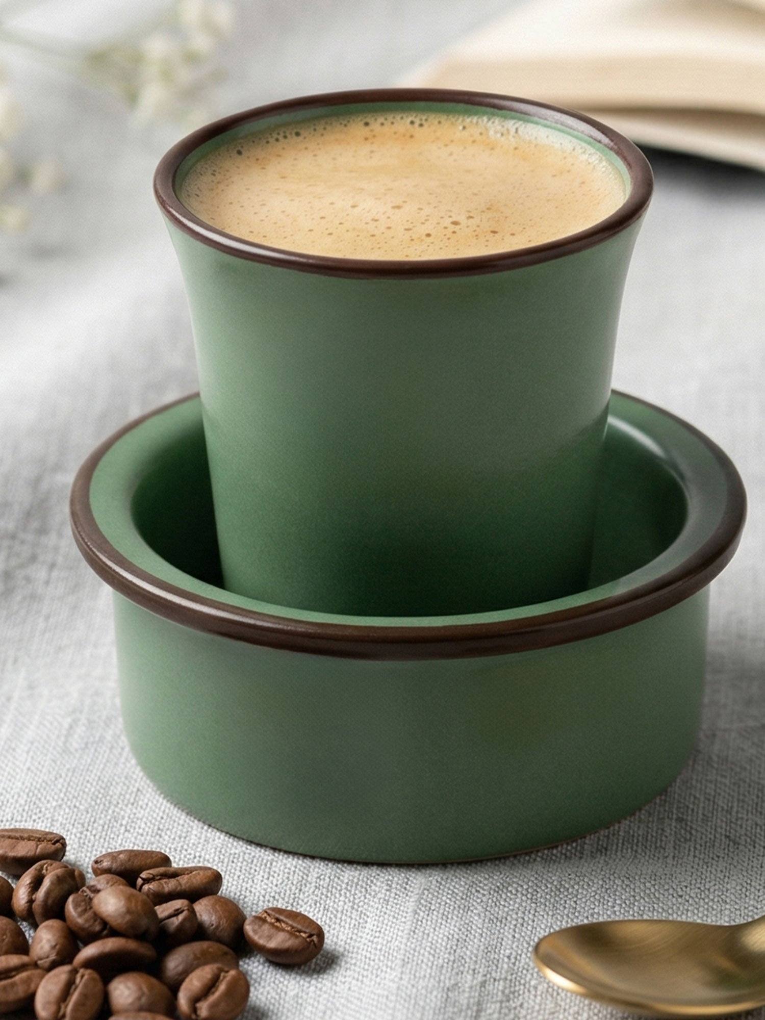 BODHI HOUSE Green Solid Ceramic Cup with Glass and Spoon