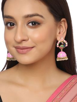 VIRAASI - Ethnic Peacock Design Pink Meenakari Jhumka Earrings for Women and Girls