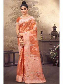 Sangam Prints - Peach Cotton Silk Woven Zari Work Traditional Saree with Unstitched Blouse