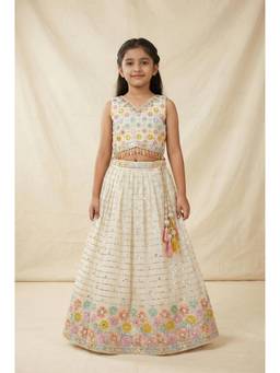 PINK LEAF - Cream Floral Viscose Blouse and Lehenga