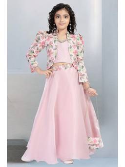 PINK LEAF - Pink Floral Tissue Blouse with Jacket, Lehenga and Dupatta