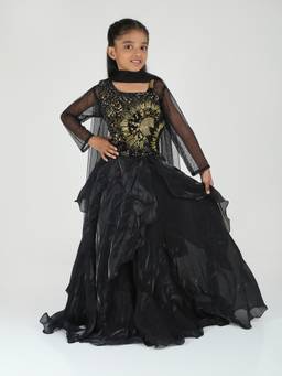 PINK LEAF - Black Embellished Tissue Blouse with Lehenga and Dupatta