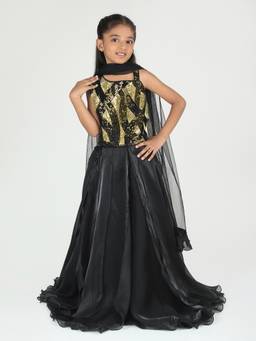 PINK LEAF - Black Embellished Tissue Blouse with Lehenga and Dupatta