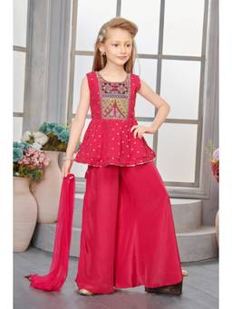 PINK LEAF - Magenta Embroidered Art Silk Kurti with Palazzo and Dupatta