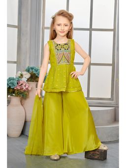 PINK LEAF - Yellow Embroidered Silk Blend Kurti with Palazzo and Dupatta