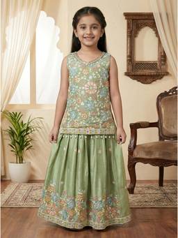 PINK LEAF - Green Floral Silk Blend Kurta and Skirt
