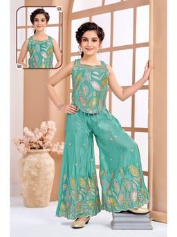 PINK LEAF - Teal Embroidered Art Silk Top and Palazzo