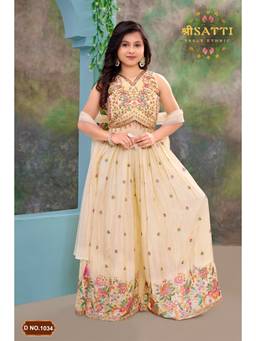PINK LEAF - Cream Floral Silk Blend Top with Palazzo and Dupatta