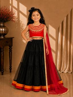 TWISHA - Red Floral Polyester Blouse with Lehenga and Dupatta