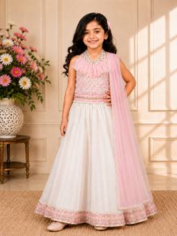 TWISHA - Pink Embroidered Polyester Blouse with Lehenga and Dupatta