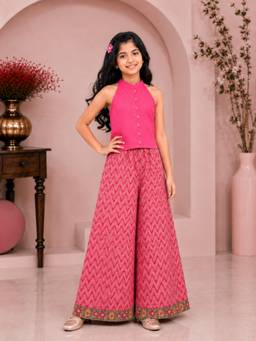 TWISHA - Pink Printed Chanderi Top and Palazzo