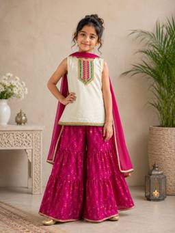 TWISHA - White Embroidered Polyester Kurti with Sharara and Dupatta