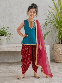 TWISHA - Blue Printed Polyester Kurti with Dhoti and Dupatta