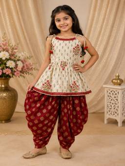 TWISHA - Off White Floral Cotton Kurti and Dhoti