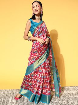 Odette - Cotton Linen Pink Printed Designer Saree with Unstitched Blouse