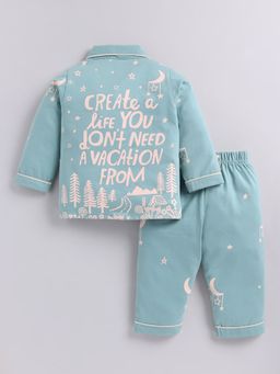 Clt.s - Teal Typography Cotton Full Sleeves Shirt with Pyjama